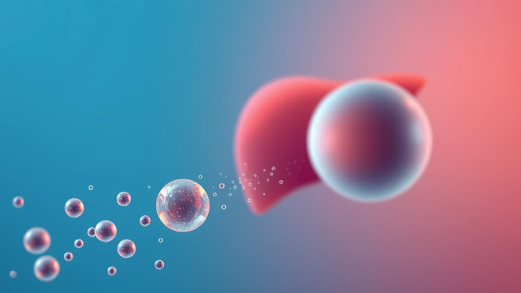 Illustration of small nanoparticles approaching a T cell near a stylized liver