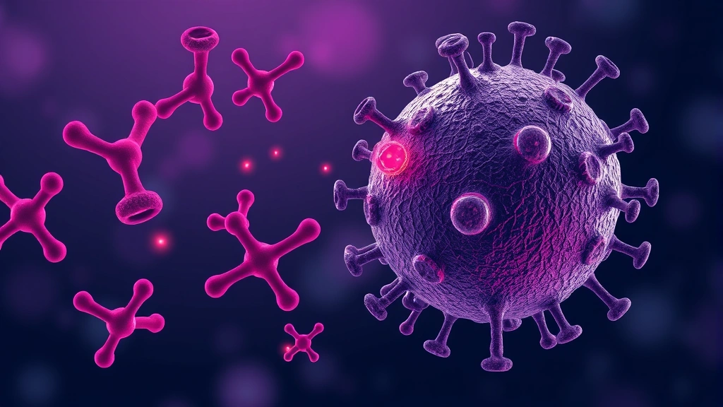 Illustration of a two-armed antibody and a drug-carrying antibody converging on a cancer cell