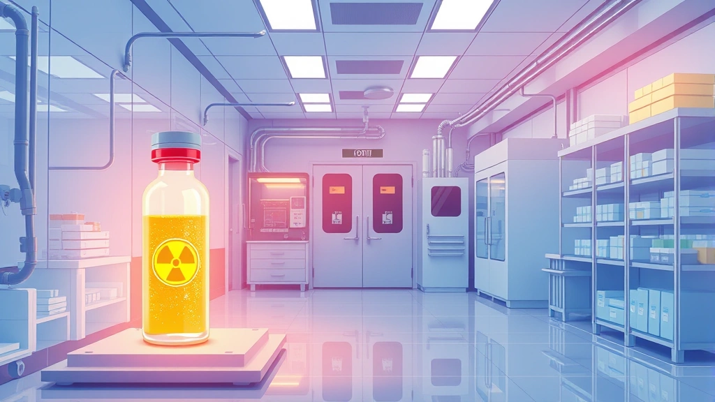 Conceptual illustration of a sterile radiopharmaceutical cleanroom with a shielded isotope vial