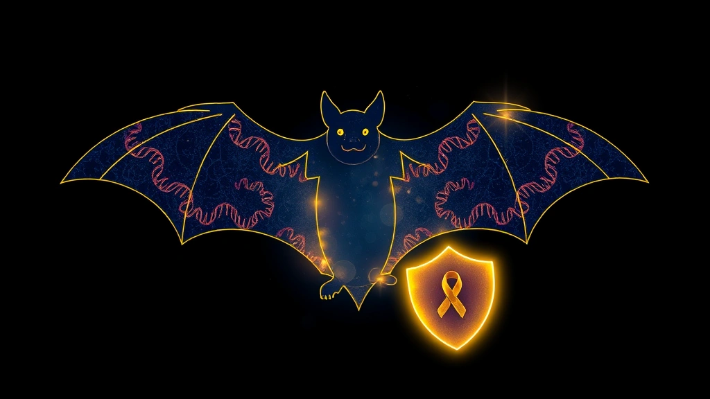 Conceptual illustration of a bat silhouette with a glowing DNA helix and immune-shield motifs