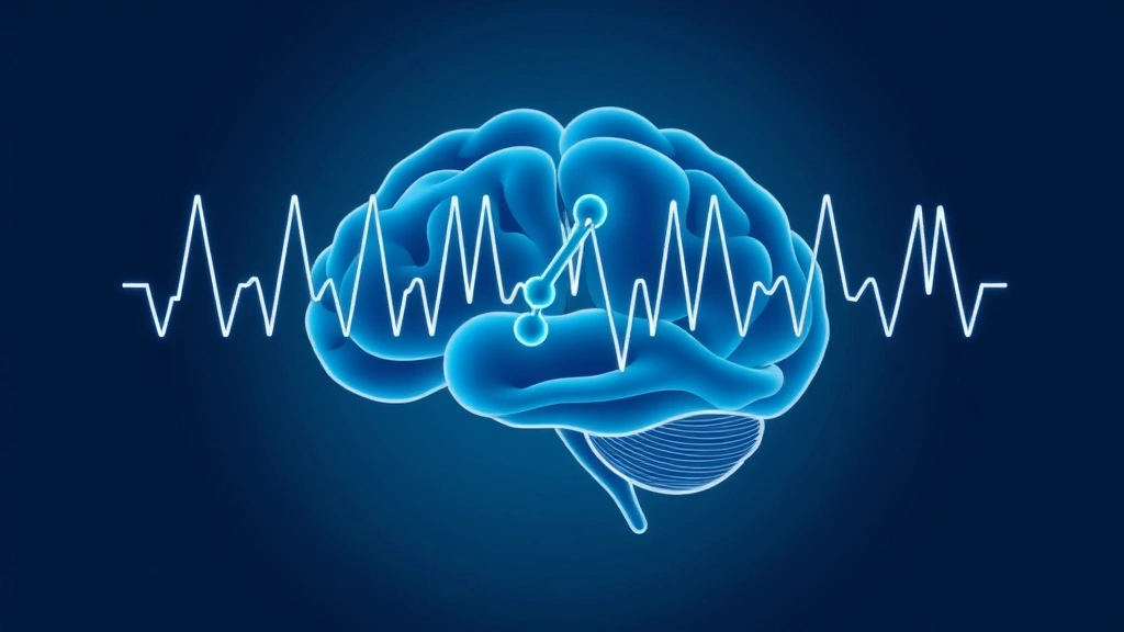 Conceptual illustration of a brain with steady waveforms and an ion channel