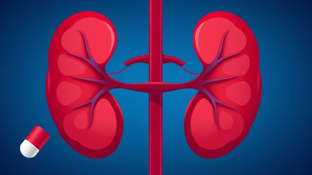 Conceptual illustration of a kidney with blood vessel and pill motifs