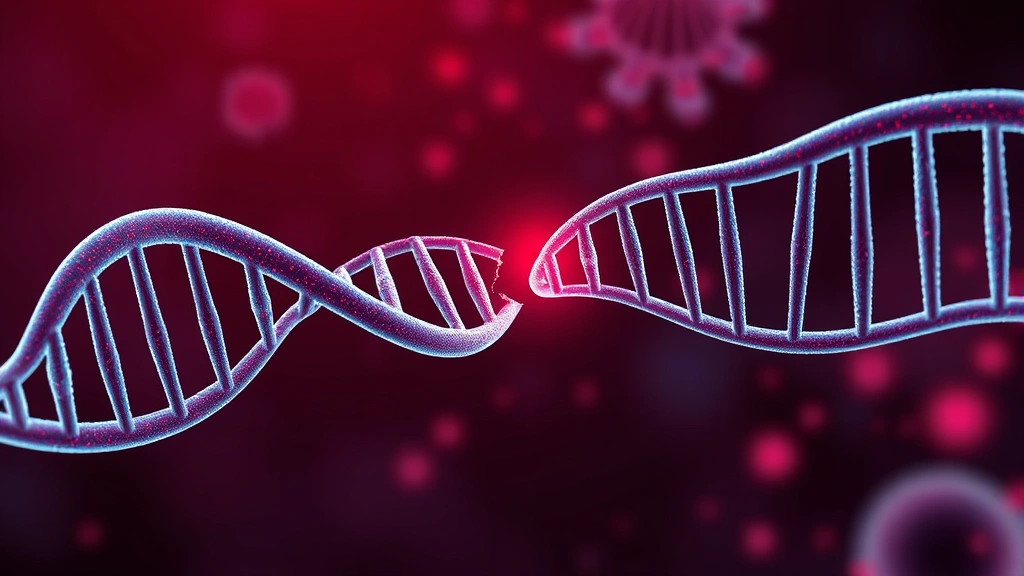 Conceptual illustration of a broken DNA double helix in a cancer cell