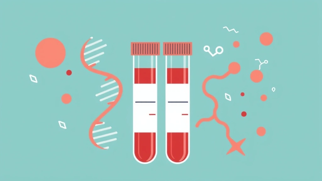 Illustration of two blood sample tubes side by side with abstract DNA and protein symbols