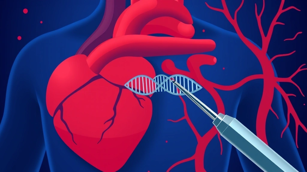 Conceptual illustration of gene-editing tools correcting DNA near a heart and blood vessels