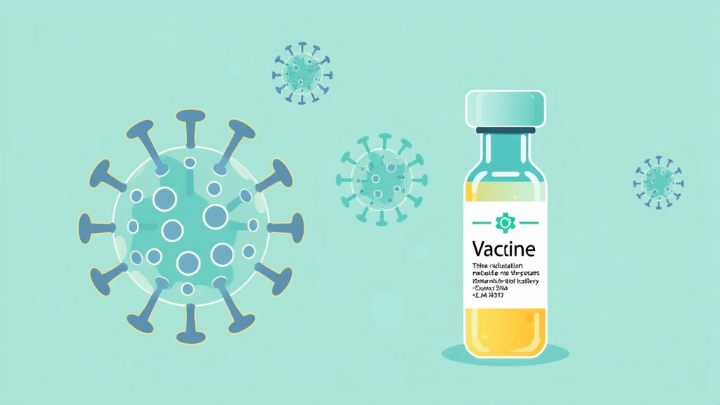Conceptual illustration of virus particles and a vaccine vial