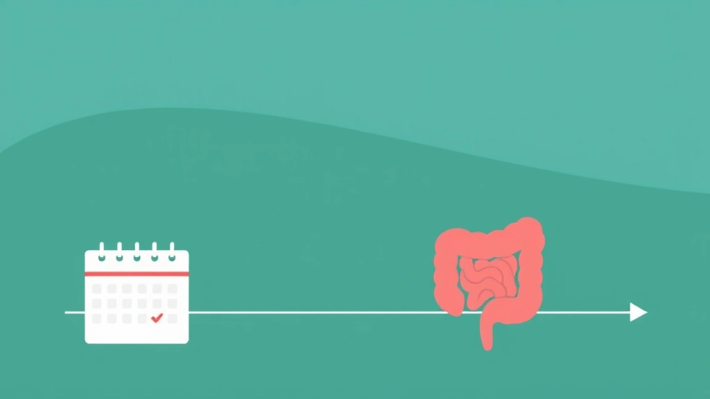 Conceptual illustration of a lengthening calendar timeline beside a healthy colon