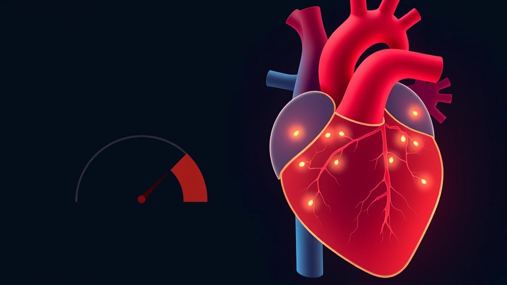 Conceptual illustration of a CT cross-section of a heart with highlighted calcified coronary arteries beside a risk gauge