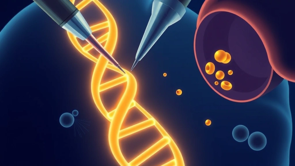 Illustration of a DNA strand being edited inside a liver cell with fat particles in a blood vessel