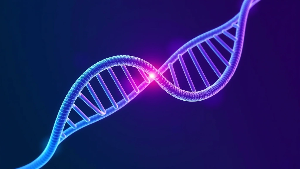 Conceptual illustration of a DNA helix with a highlighted regulatory element and AI overlay
