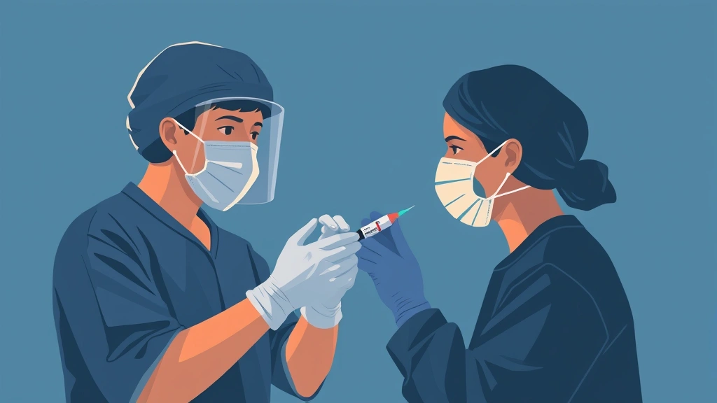 Conceptual illustration of frontline health workers receiving a protective vaccine during an outbreak