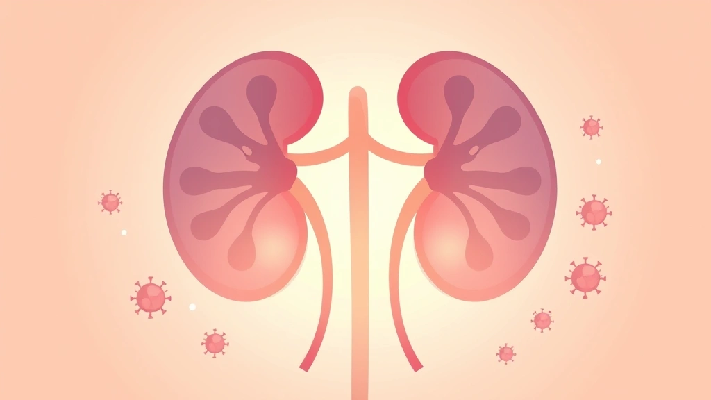 Illustration of a pair of kidneys with a protective glow and small immune cells