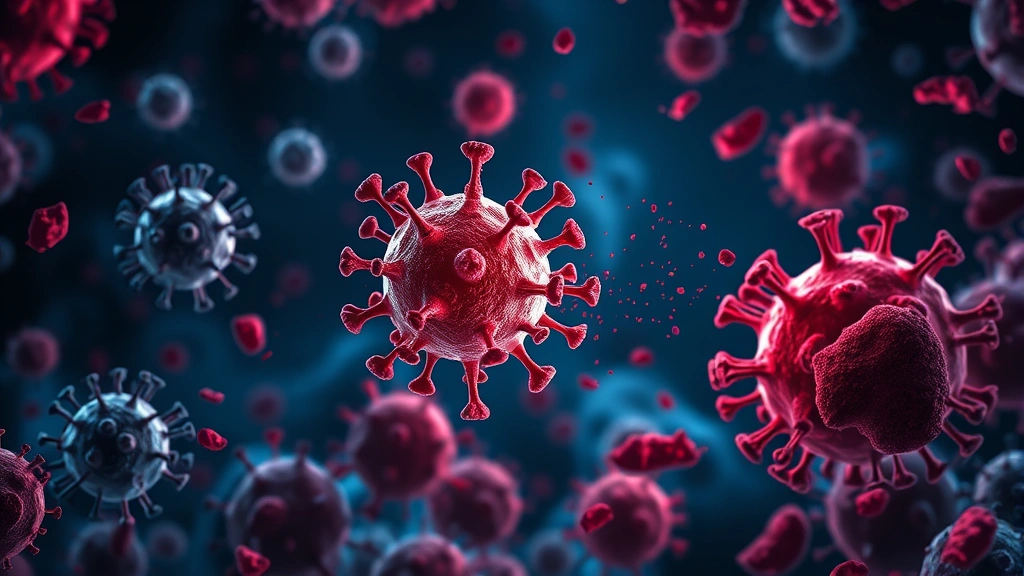 Conceptual illustration of an oncolytic virus destroying melanoma cells