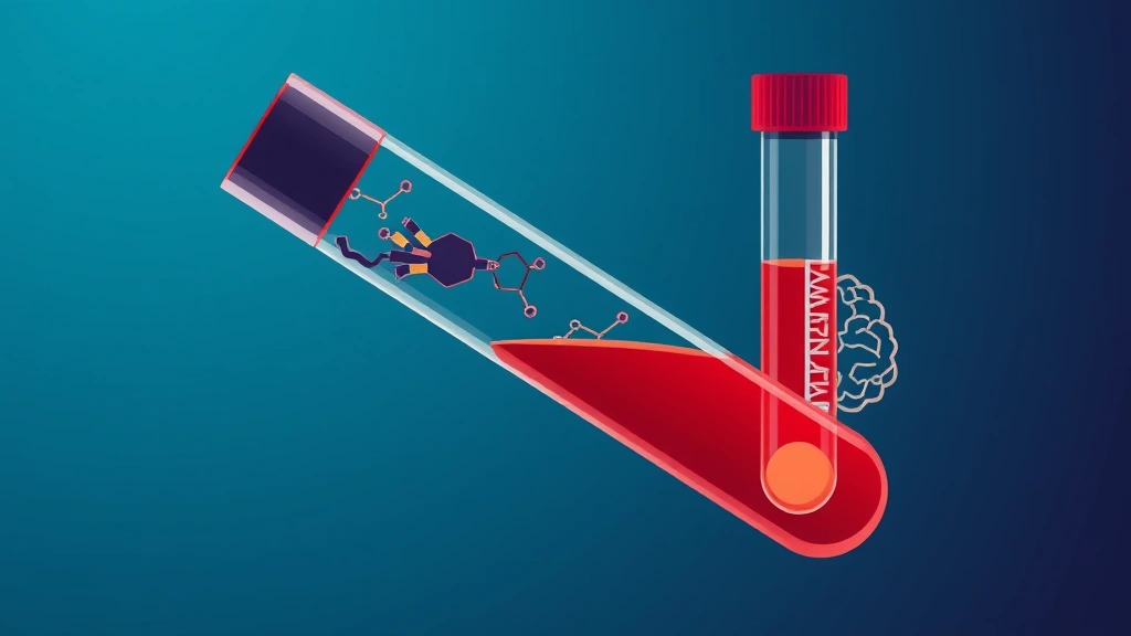 Conceptual illustration of a blood test with brain and protein motifs
