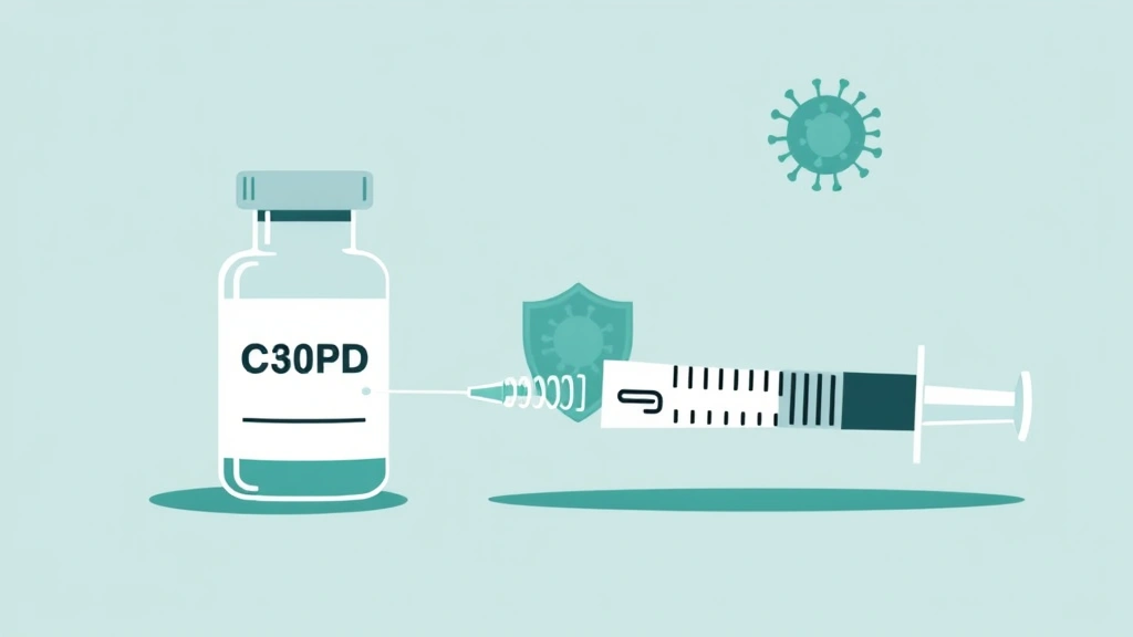 Conceptual illustration of vaccine vials and a coronavirus with a shield