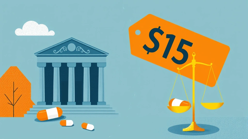Conceptual illustration of a courthouse, pills and price tags