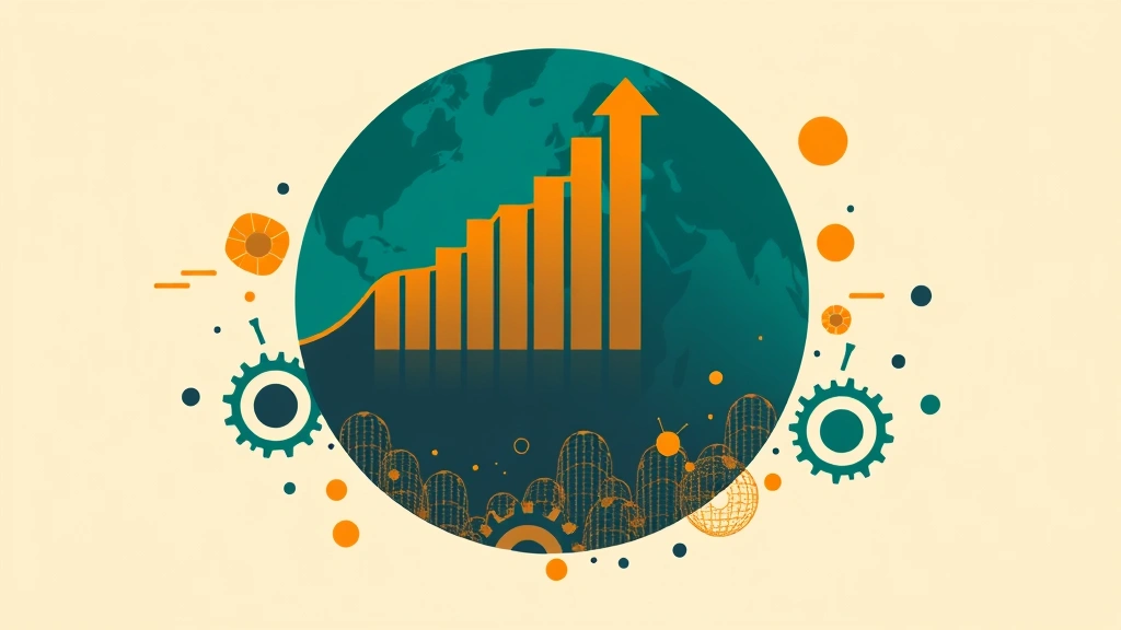 Conceptual illustration of a world globe with a rising graph and abstract cell motifs