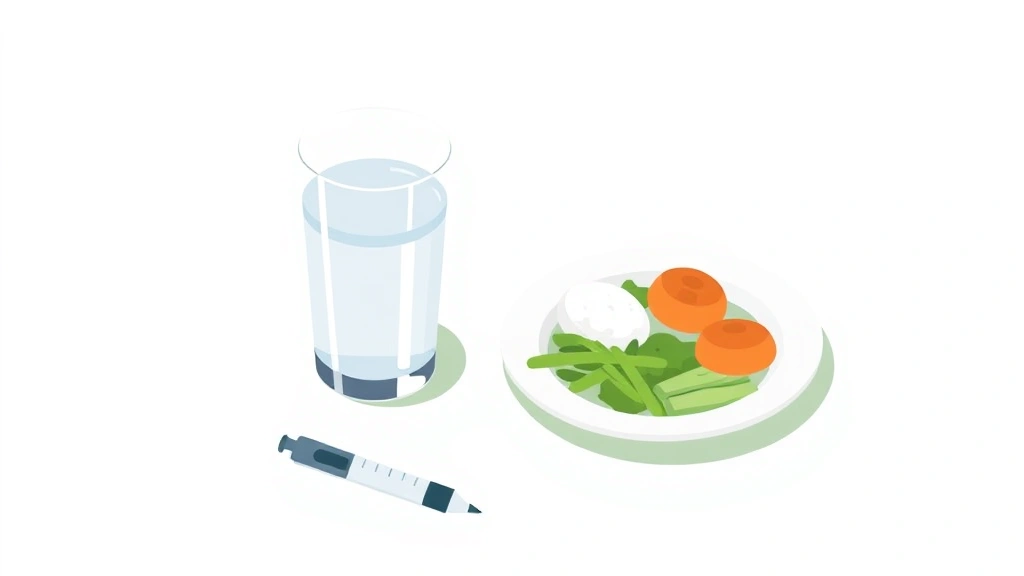 Illustration of an injection pen beside a glass of water and a small plate