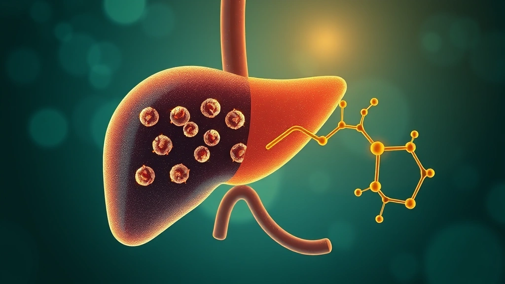 Conceptual illustration of a liver with hepatitis B virus and a molecule motif