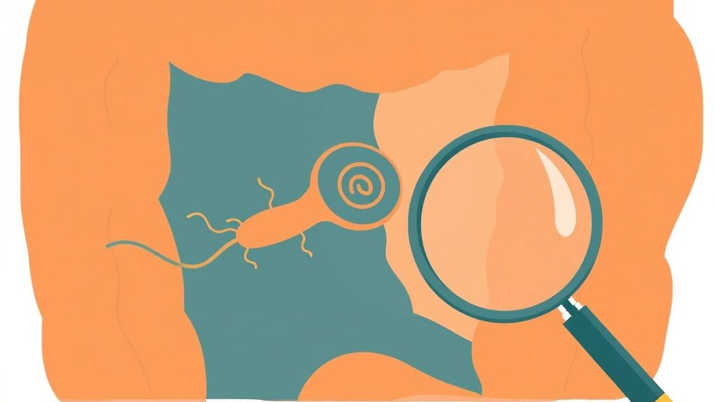 Conceptual illustration of a spiral bacterium near the colon lining with a magnifying glass