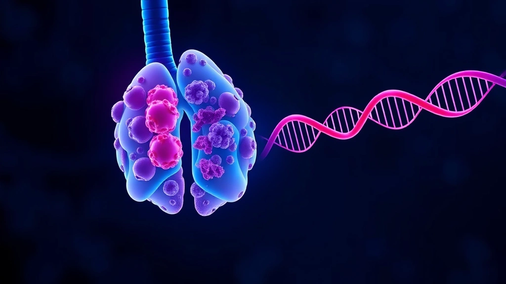 Conceptual illustration of a lung cancer cell with antibody and DNA motifs