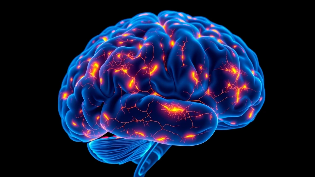 Conceptual illustration of a brain PET scan highlighting tau tangles