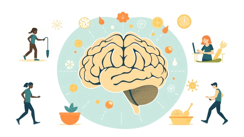 Conceptual illustration of a brain with exercise, diet and training motifs
