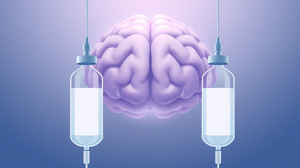 Illustration of two IV infusion bags side by side in front of a softly glowing brain