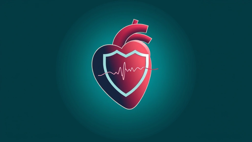 Conceptual illustration of a heart with a protective shield and molecule motif