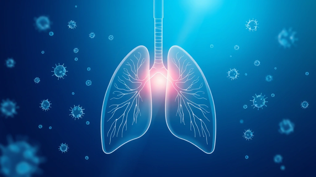 Conceptual illustration of a radiation beam converging on a lung outline alongside immune cells