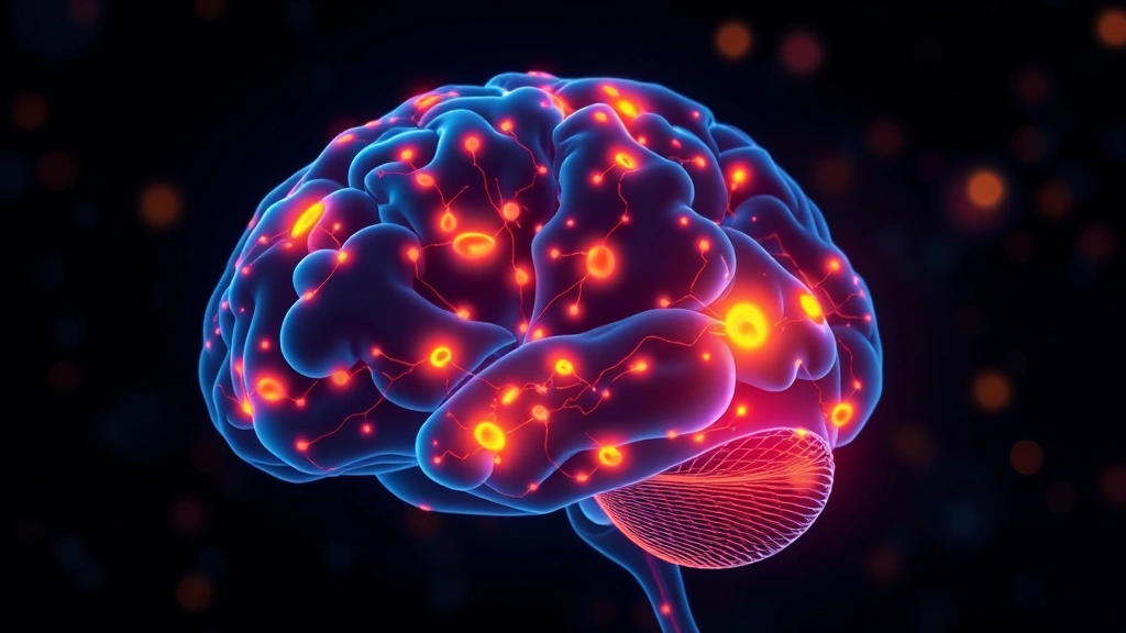 Conceptual illustration of a brain PET scan showing dimmed dopamine neurons