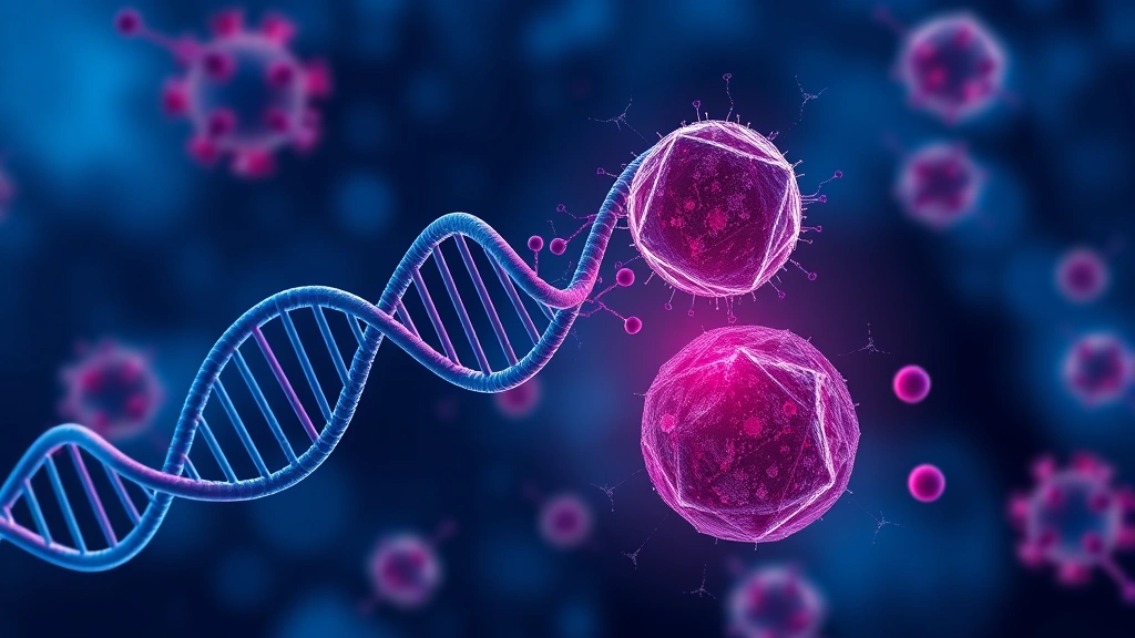 Conceptual illustration of an mRNA strand and immune cells attacking a tumor