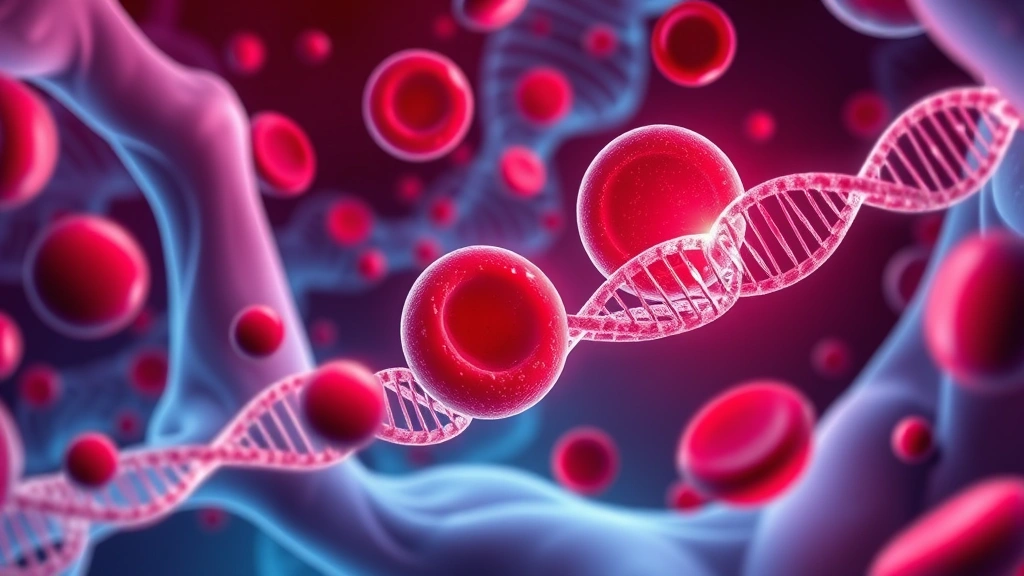 Conceptual illustration of blood cells and DNA mutations in bone marrow