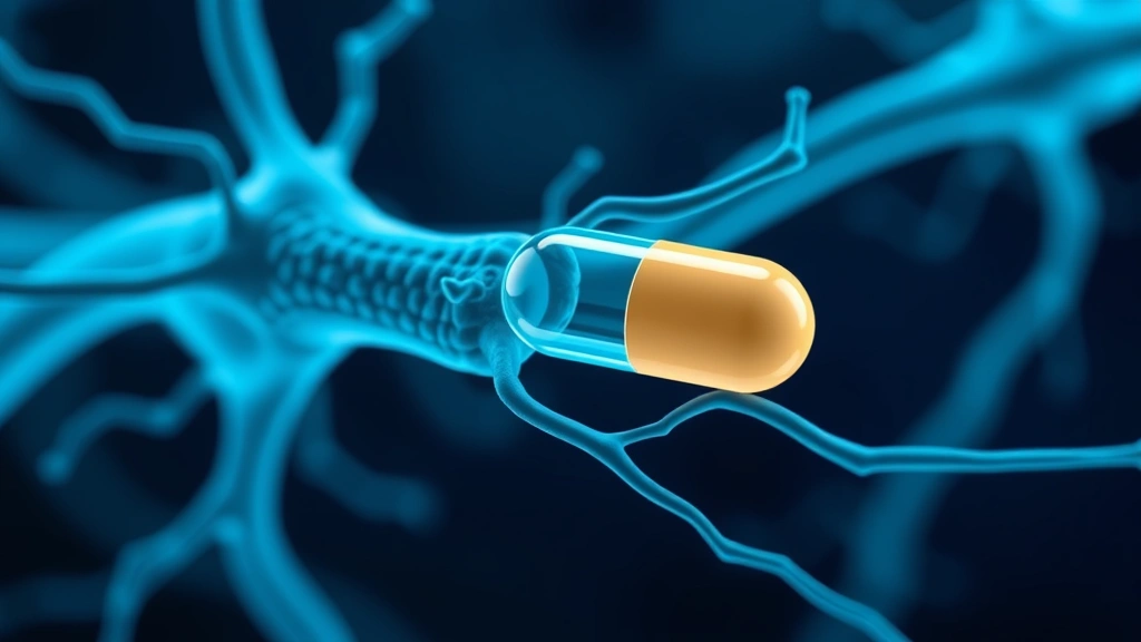 Conceptual illustration of a neuron with myelin and a pill