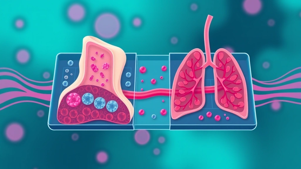 Conceptual illustration of an organ-on-a-chip with tissue compartments and tumor cells