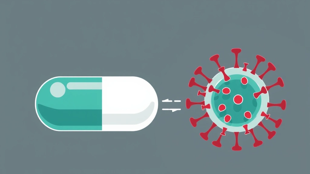 Conceptual illustration of an antiviral pill and a coronavirus