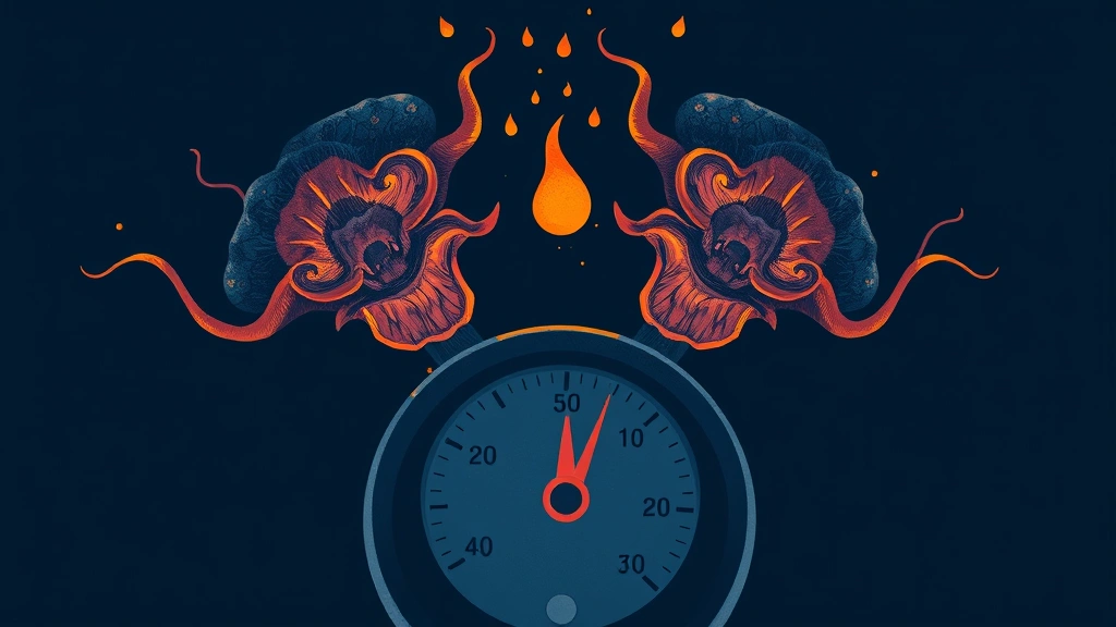 Conceptual illustration of adrenal glands releasing nighttime hormone surges above a blood-pressure gauge