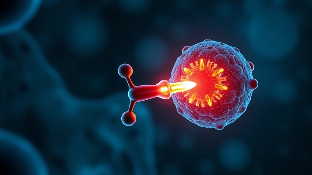 Conceptual illustration of a targeted radioligand binding a tumor cell