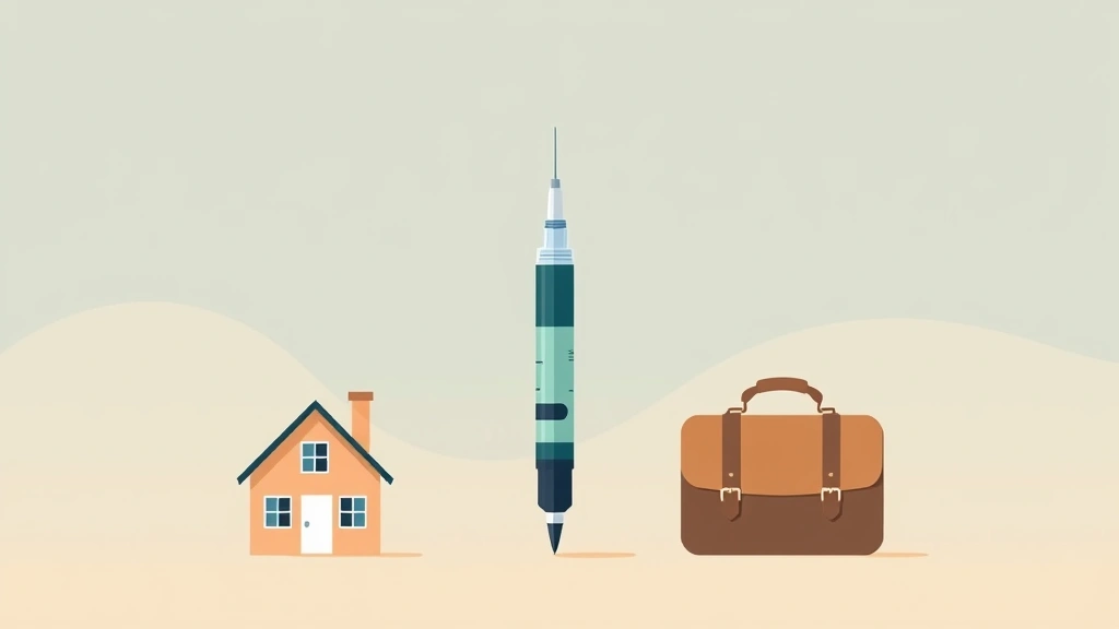 Illustration of a weekly injection pen beside symbols of a home and a briefcase
