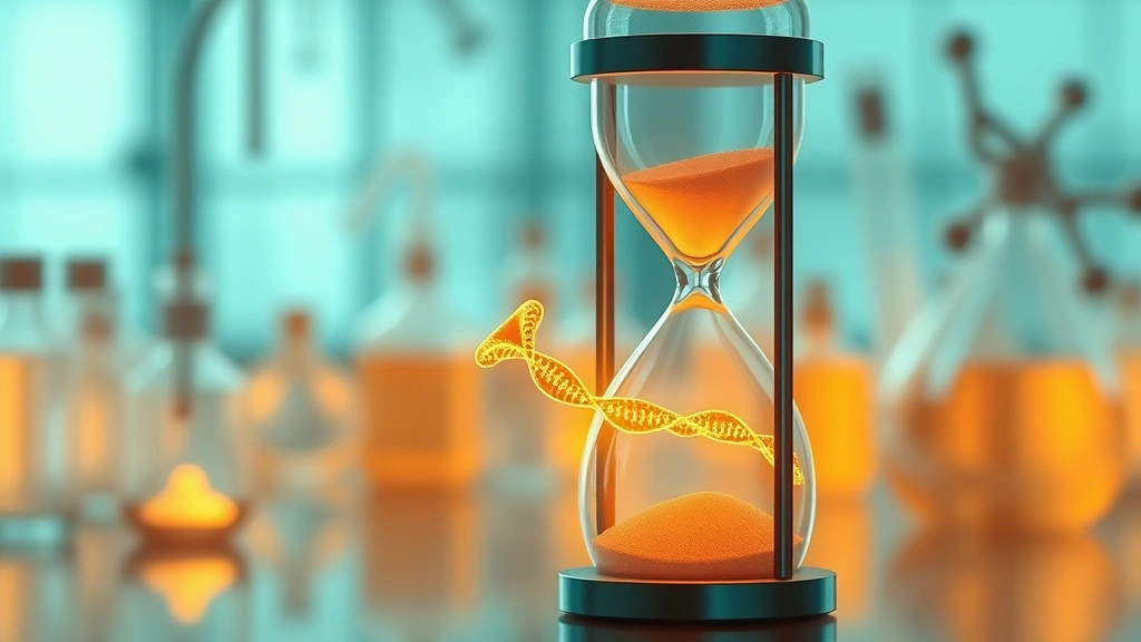Conceptual illustration of a molecular peptide chain intertwined with an hourglass, representing aging research