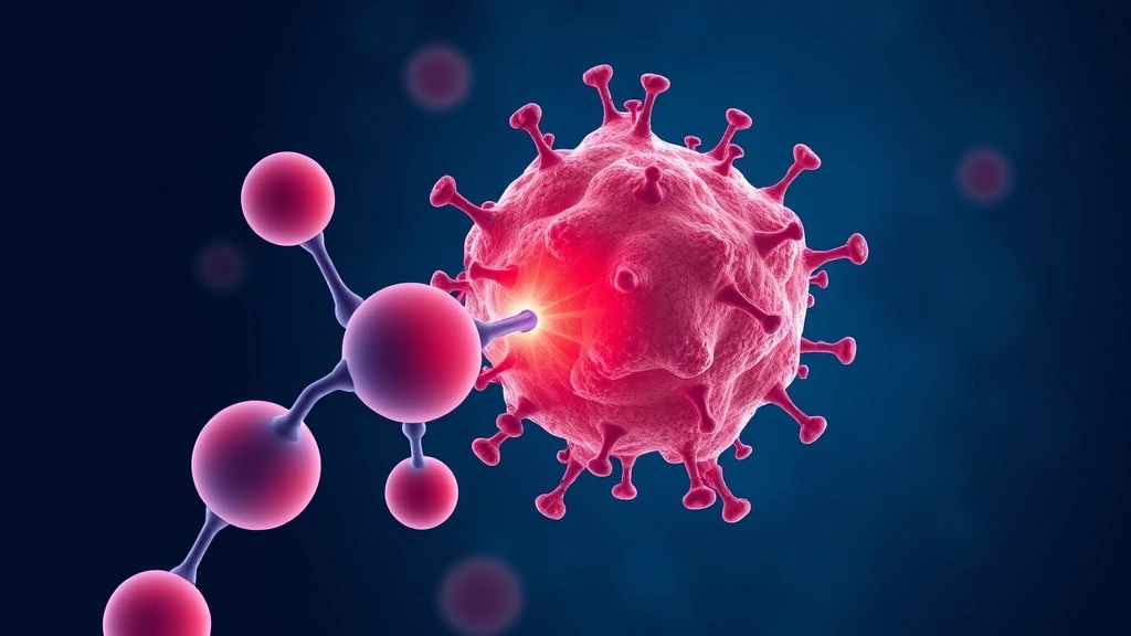 Conceptual illustration of an antibody engaging an immune checkpoint on a T cell near a tumor