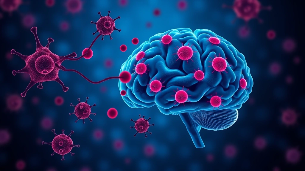Conceptual illustration of T cells traveling from a lymph node to the brain
