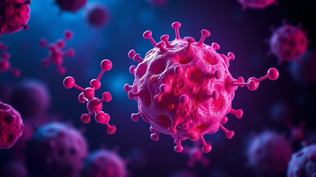 Conceptual illustration of a tumor cell hit by two blocking molecules