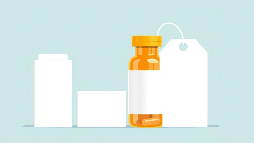 Illustration of prescription medicine boxes and injection pens beside an abstract price-comparison graphic